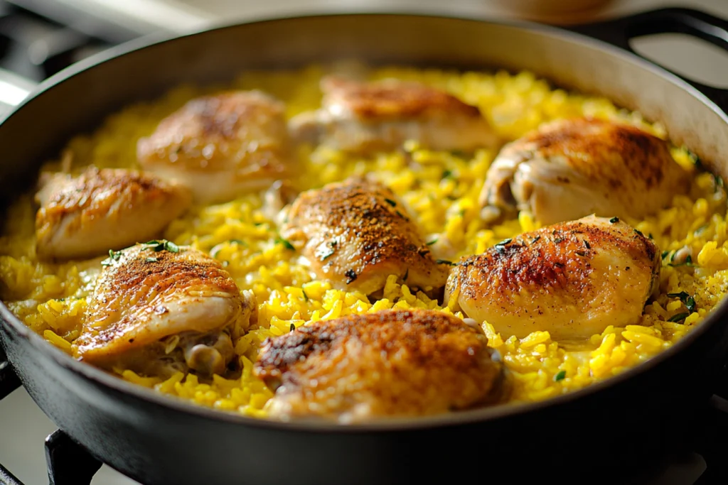 A skillet filled with perfectly cooked golden yellow rice topped with seared chicken thighs, garnished with fresh herbs, steaming on the stovetop.