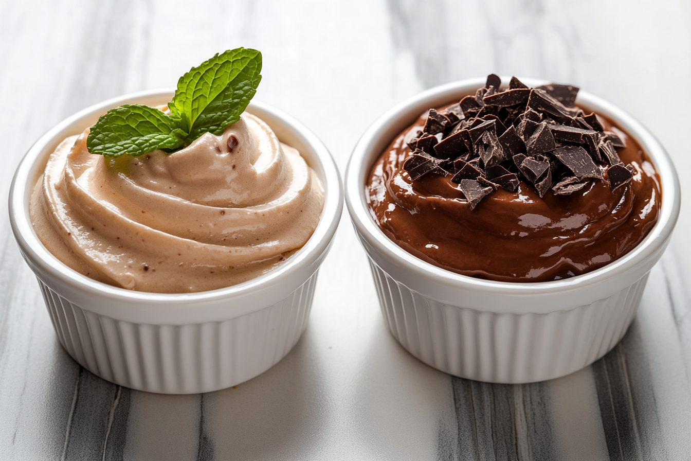 Two ramekins of chocolate mousse like pudding, one topped with a fresh mint leaf and the other with dark chocolate shavings, placed on a marble surface.