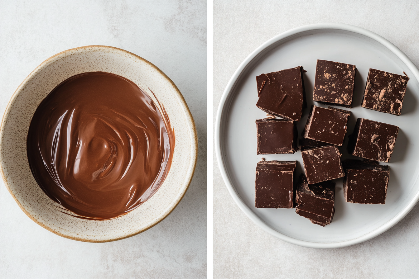 Side-by-side comparison of a bowl of smooth chocolate sauce and a plate of dense chocolate fudge cubes.