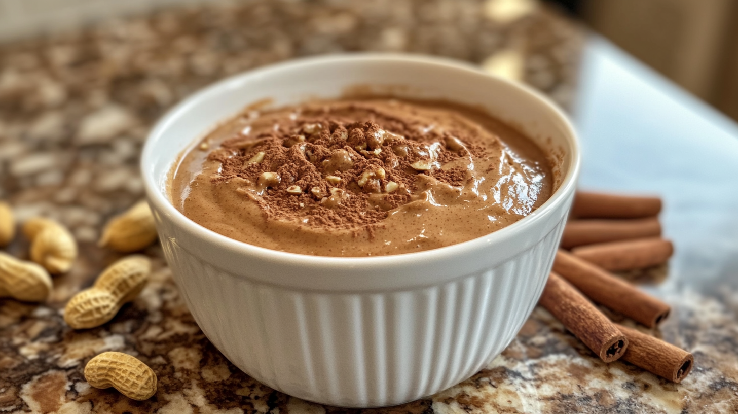 Homemade creamy cinnamon peanut butter spread in a jar with a spoon. Whole-grain toast topped with cinnamon peanut butter and banana slices. Roasted peanuts, cinnamon sticks, and chia seeds displayed on a wooden table. Blender filled with roasted peanuts and ground cinnamon for homemade cinnamon peanut butter. Pancakes topped with cinnamon peanut butter and fresh fruit.