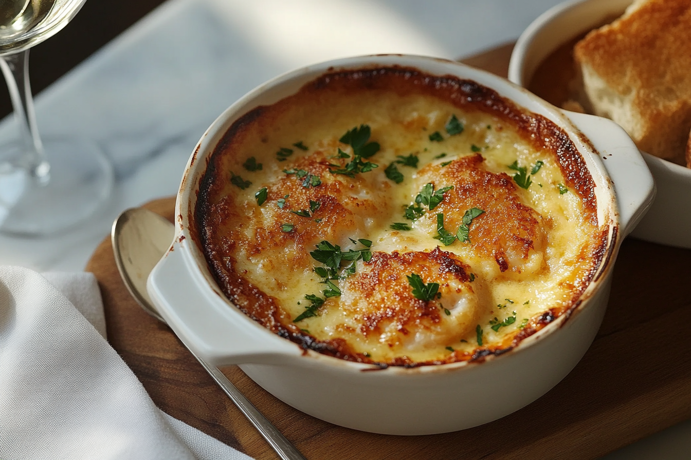 Creamy baked crab brûlée in a white ramekin, topped with golden-brown crust and fresh parsley, served with a side of toasted bread.