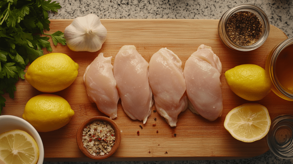 A wooden cutting board topped with raw chicken breasts, fresh lemons, garlic, parsley, spices, and condiments, neatly arranged for meal preparation.