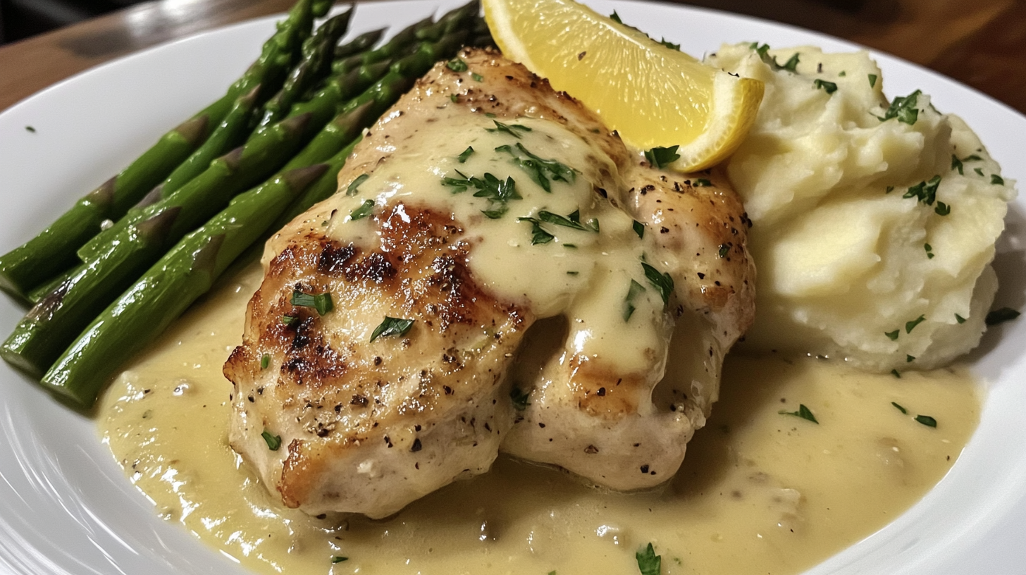 A plate of creamy lemon chicken served with a side of fresh asparagus and fluffy mashed potatoes, garnished with parsley and a lemon wedge.