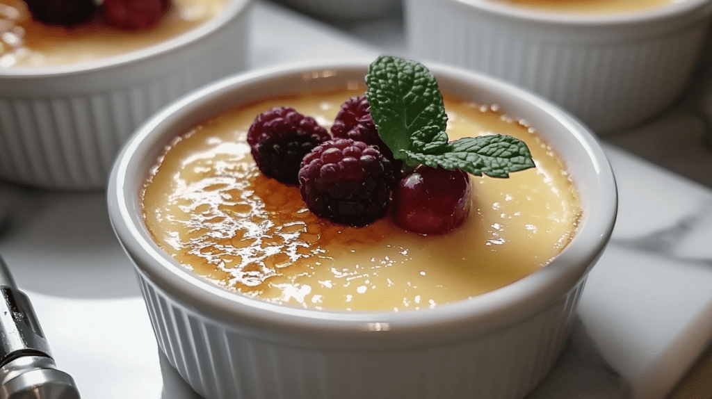 A close-up of Crème Brûlée in a white ramekin, featuring a caramelized sugar topping, garnished with fresh raspberries, a cherry, and a mint sprig