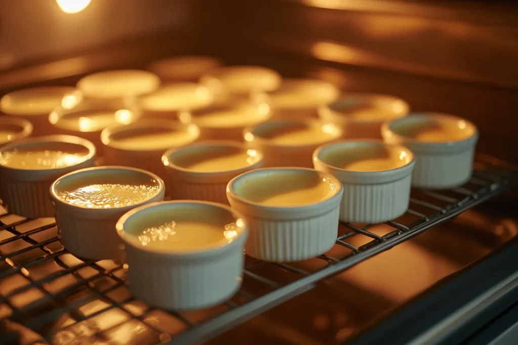 A baking tray filled with white ceramic ramekins of vanilla custard inside an oven, illuminated by a soft, warm oven light.