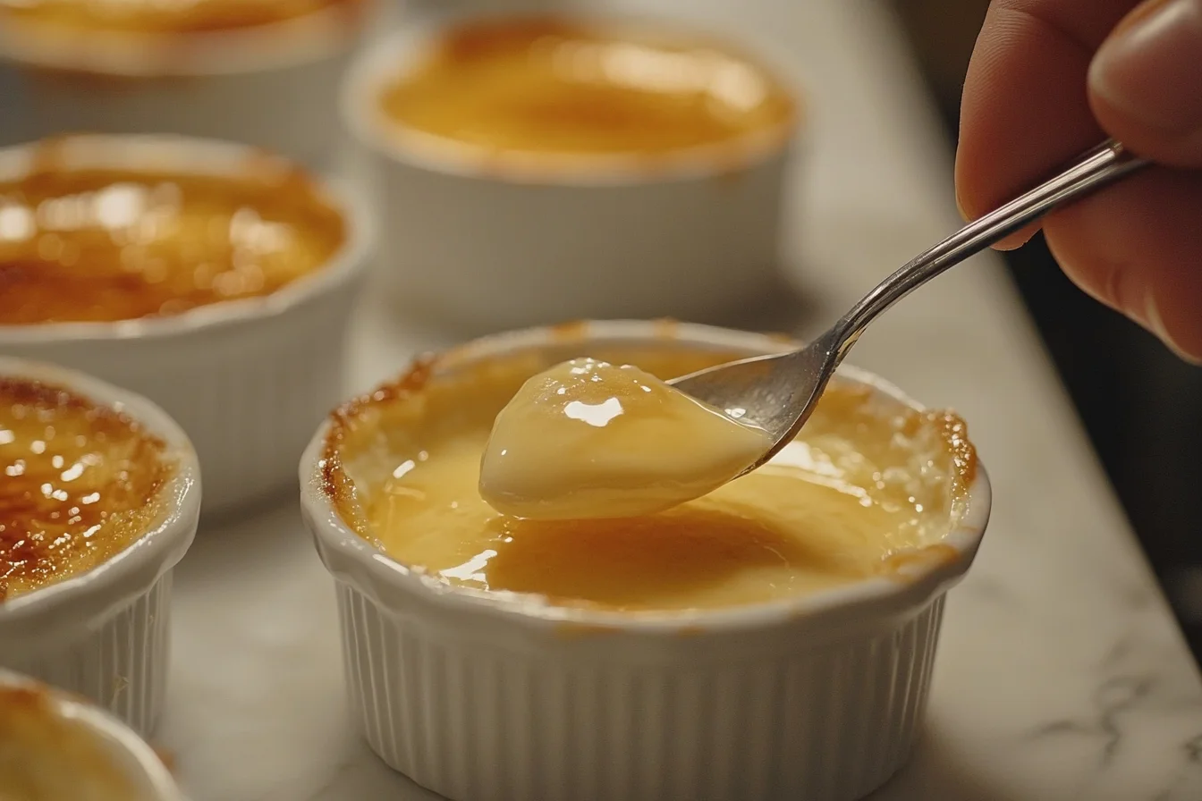 A close-up view of a spoon scooping a creamy portion of crème brûlée from a white ramekin, with golden caramelized tops visible in the background.