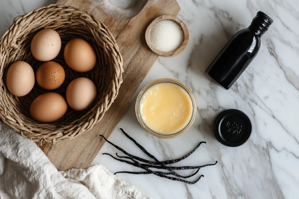 A flat-lay view of crème brûlée ingredients including brown eggs in a wicker basket, a jar of custard, a small bowl of sugar, vanilla pods, and a bottle of vanilla extract on a wooden cutting board.