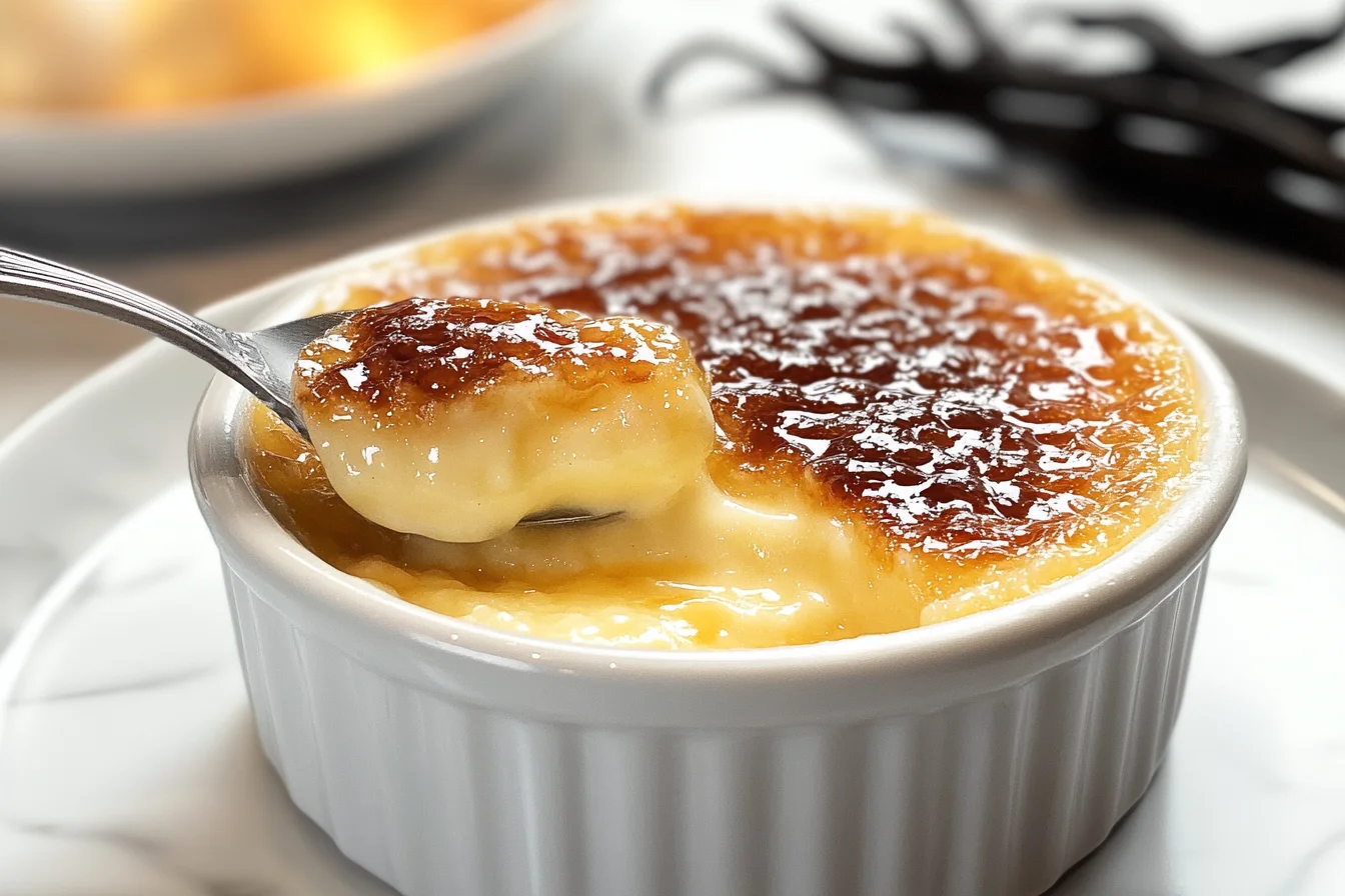 A spoon scooping a creamy bite of crème brûlée with a perfectly caramelized sugar crust from a white ramekin.