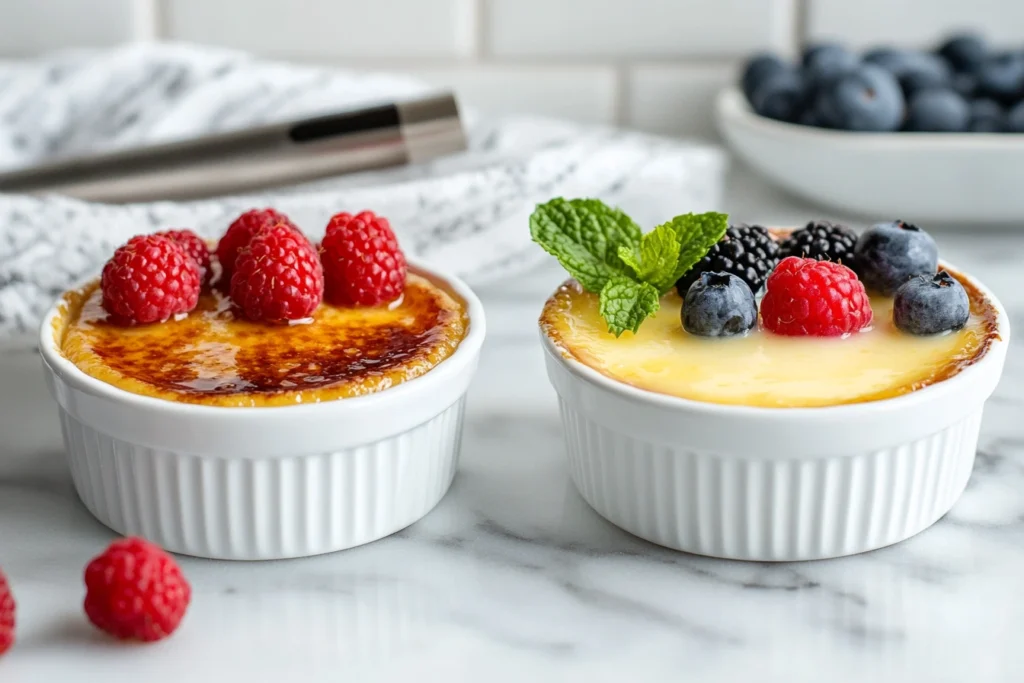 Two white ramekins, one containing crème brûlée topped with raspberries, and the other containing custard topped with mixed berries and a mint sprig, displayed side by side on a marble countertop.