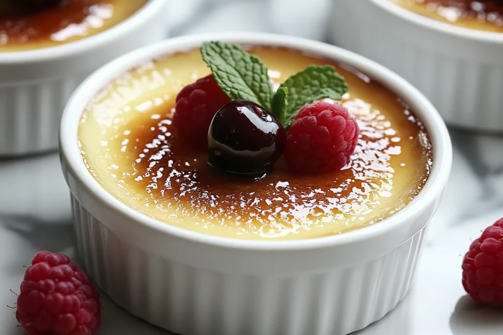 A ramekin of crème brûlée with a caramelized golden top, garnished with fresh raspberries, a cherry, and a mint leaf.