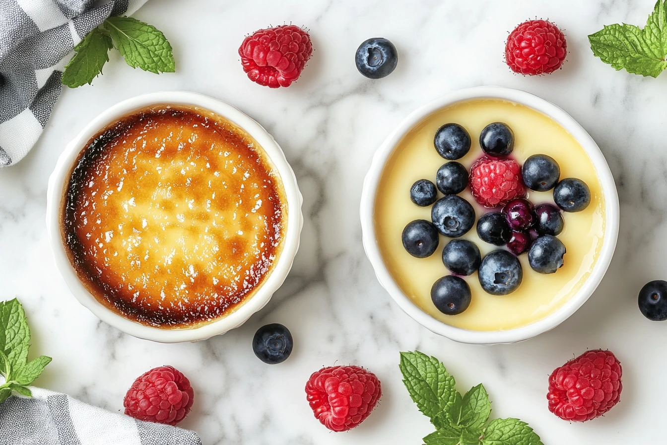 A top-down view of two ramekins: one containing crème brûlée with a caramelized sugar crust and the other filled with custard topped with fresh berries.