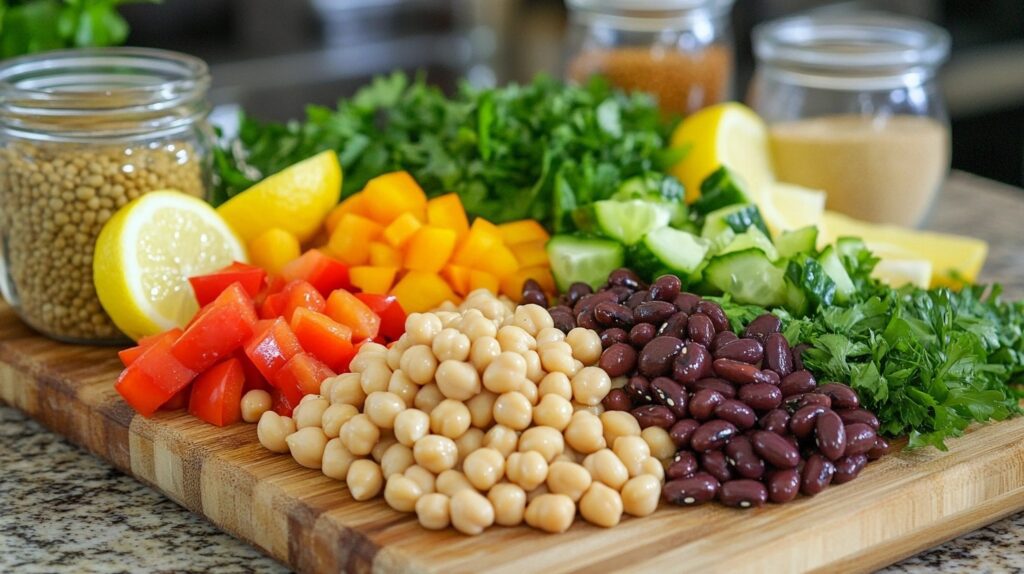 A colorful assortment of fresh ingredients for a bean salad, including chickpeas, red bell peppers, black beans, diced cucumbers, parsley, and lemon wedges on a wooden cutting board