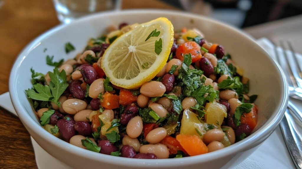 A bowl of dense bean salad with kidney beans, white beans, chopped vegetables, fresh parsley, and a lemon slice garnish.