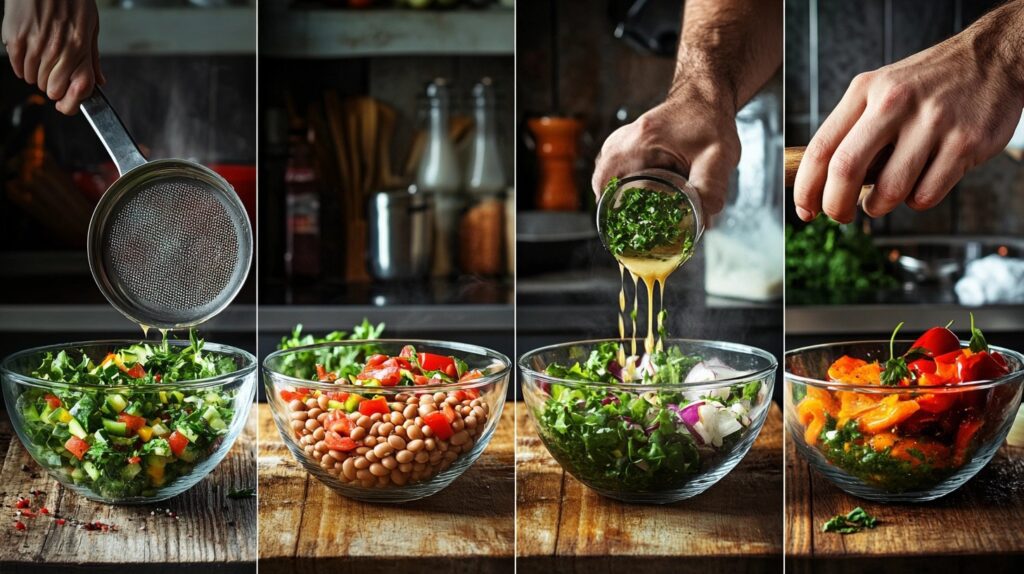 Step-by-step preparation of a dense bean salad, showing fresh vegetables, beans, and dressing being mixed in glass bowls.