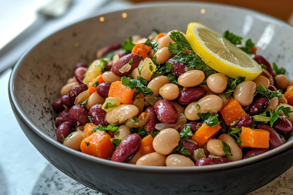 A close-up of a bowl filled with dense bean salads featuring kidney beans, cannellini beans, diced carrots, fresh parsley, and a lemon slice garnish.