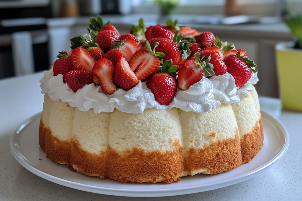 A fluffy angel food cake topped with fresh strawberries and whipped cream, served on a white plate in a bright kitchen setting.