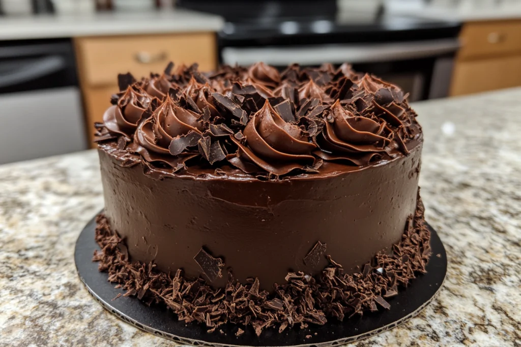 A rich devil’s food cake with dark chocolate frosting and decorative swirls, topped with chocolate shavings, displayed on a granite countertop.