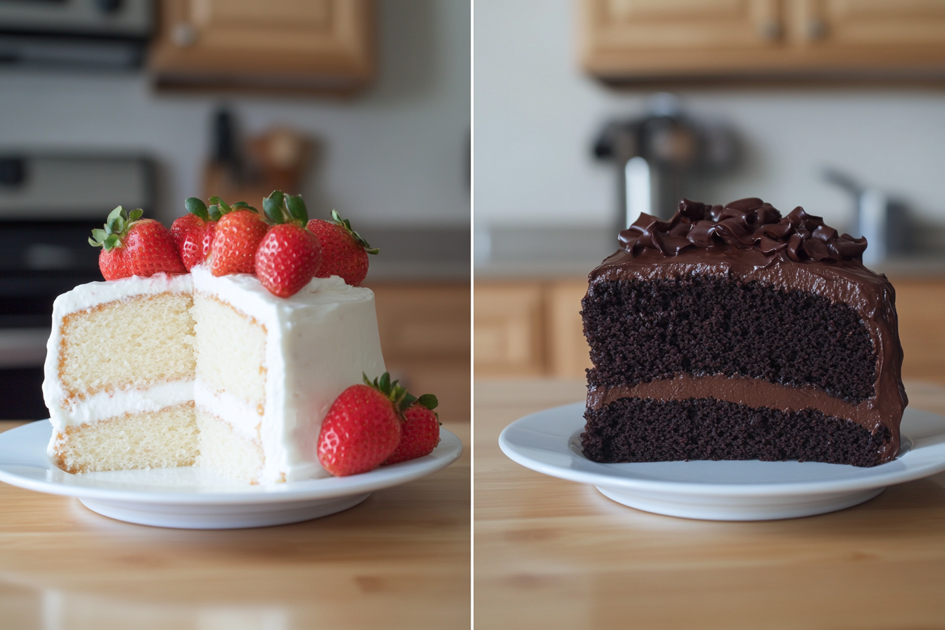 A side-by-side comparison of angel food cake topped with strawberries and devil’s food cake with chocolate frosting, served on white plates.