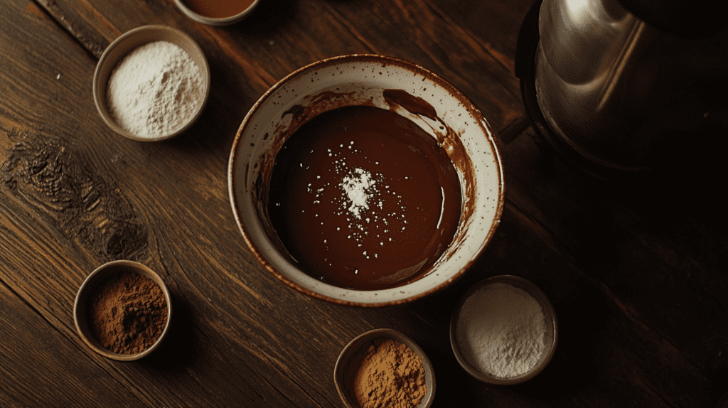 A rustic wooden table with a bowl of rich chocolate sauce in the center, surrounded by small bowls of cocoa powder, flour, and sugar.