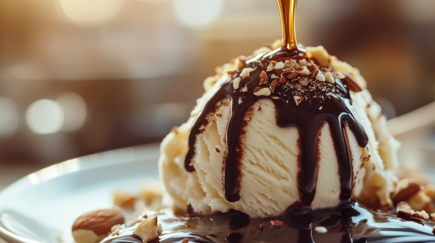 Vanilla ice cream scoop drizzled with rich chocolate syrup, topped with chopped nuts and surrounded by a warm blurred background.