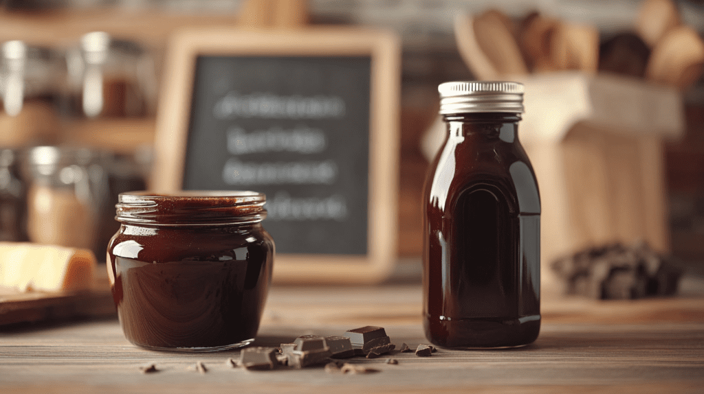 Side-by-side comparison of a jar of chocolate sauce and a bottle of chocolate syrup, placed on a wooden surface with chocolate chunks nearby.