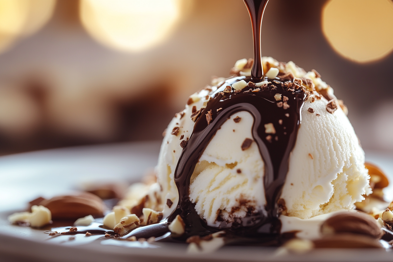 Vanilla ice cream scoop drizzled with rich chocolate syrup, topped with chopped nuts and surrounded by a warm blurred background.