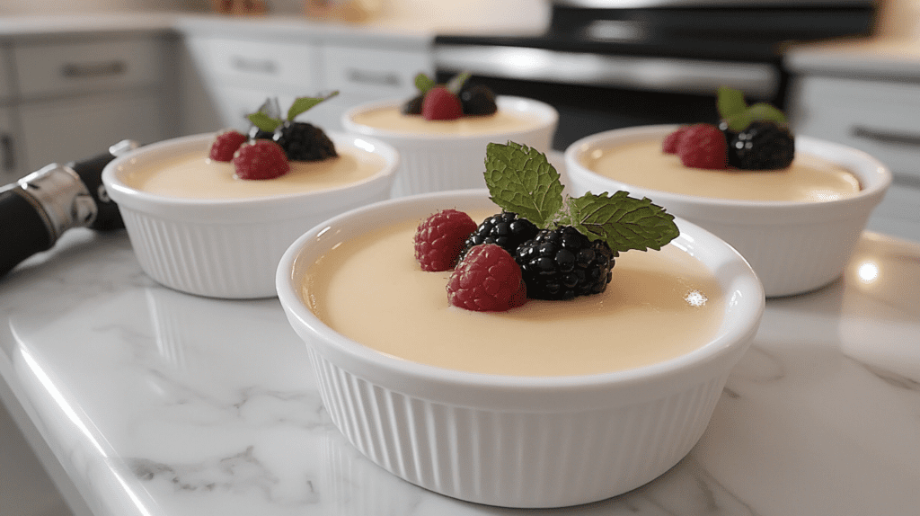 Four ramekins filled with creamy custard, each topped with fresh raspberries, blackberries, and a mint sprig, arranged on a marble countertop in a modern kitchen.