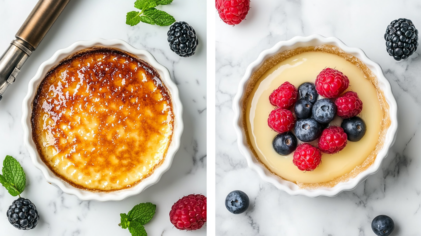 Side-by-side comparison of Crème Brûlée and custard in white ramekins; the Crème Brûlée features a caramelized golden sugar topping, while the custard is topped with fresh raspberries and blueberries, garnished with mint leaves.