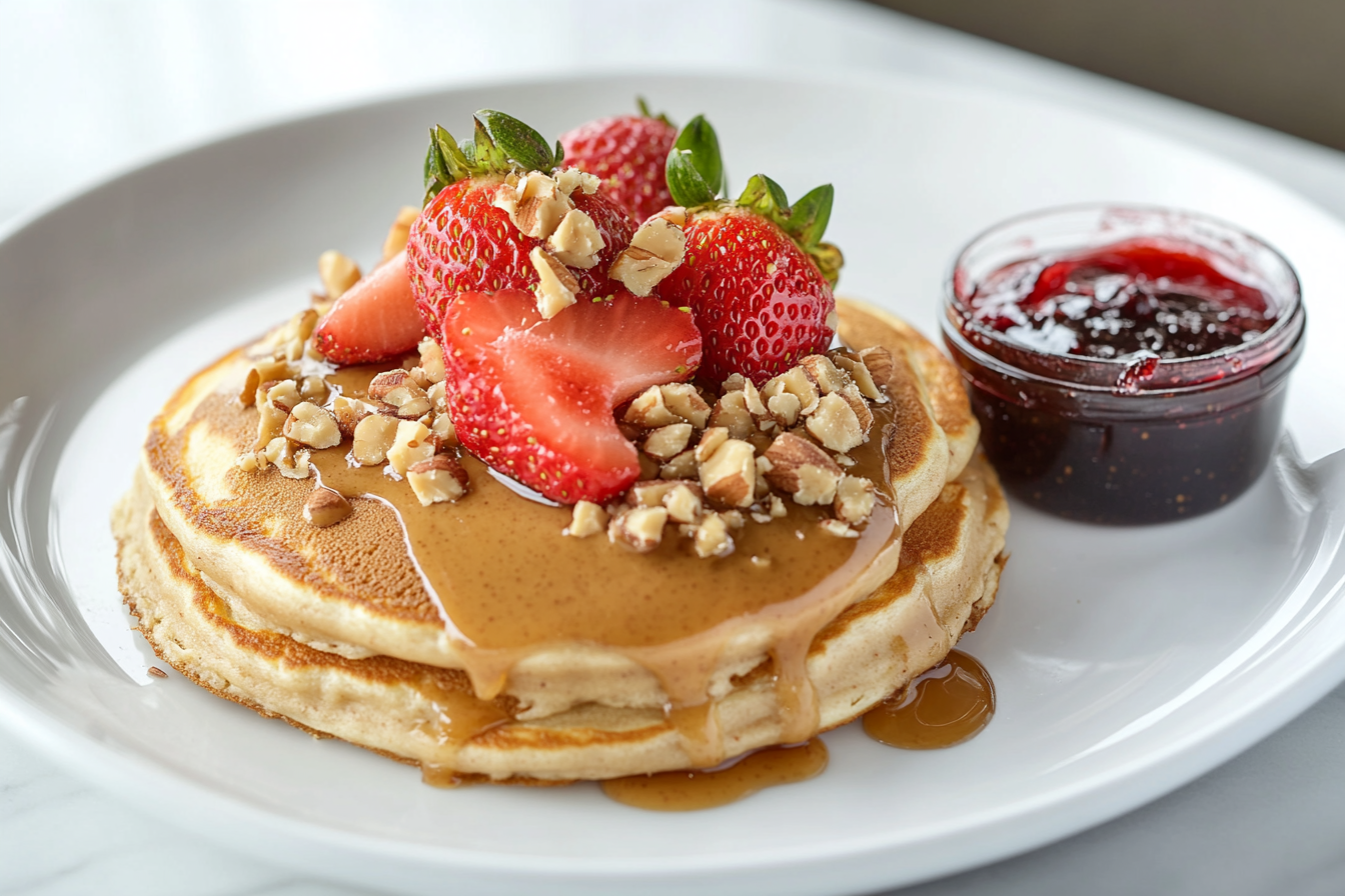 What flavor enhances peanut butter? A stack of pancakes topped with creamy peanut butter, fresh strawberry slices, chopped almonds, and drizzled syrup, served on a white plate with a jar of strawberry jam.