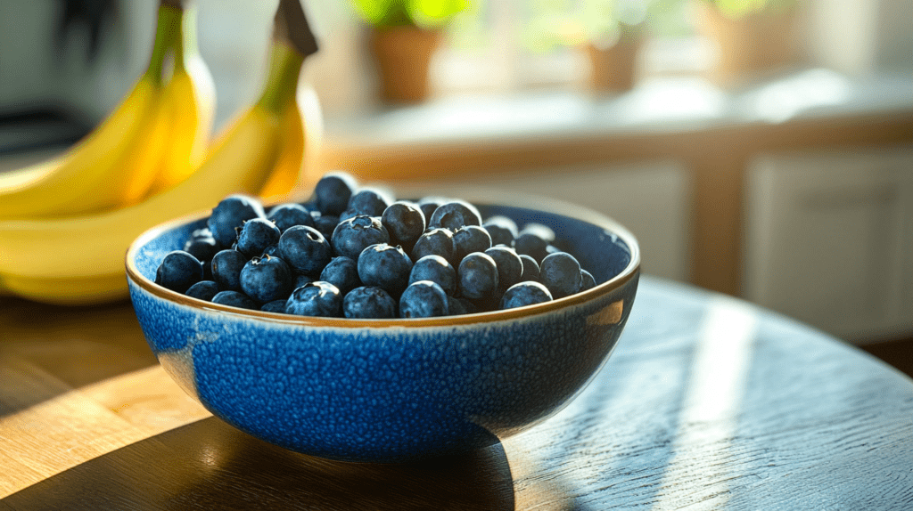 A blue ceramic bowl filled with fresh blueberries placed on a wooden table, with bananas and a bright kitchen in the background.