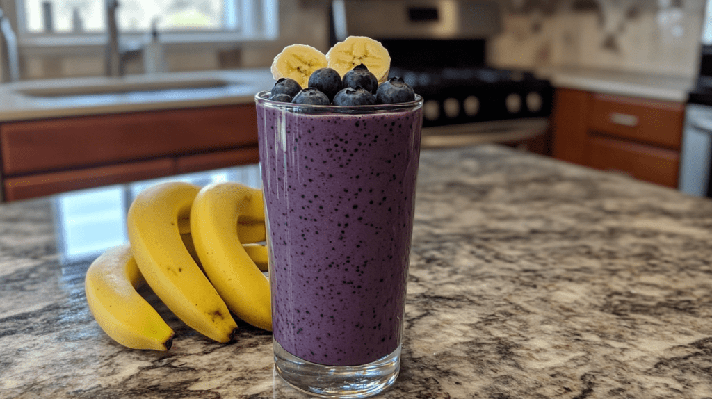 A tall glass of vibrant purple blueberry banana smoothie topped with fresh blueberries and banana slices, placed on a marble countertop with a bunch of bananas in the background.