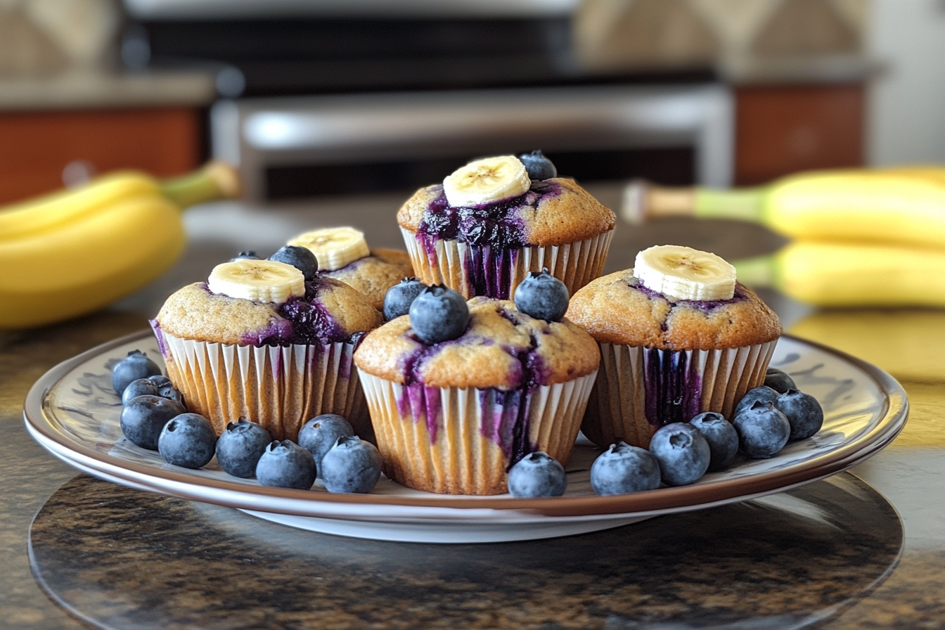 A plate of freshly baked banana blueberry muffins garnished with banana slices and surrounded by fresh blueberries, with bananas in the background on a kitchen countertop.