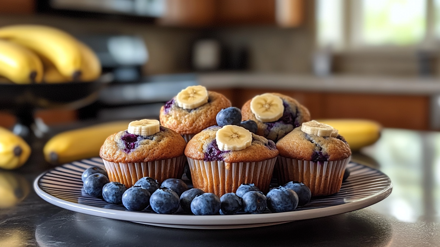 A plate of freshly baked banana blueberry muffins garnished with banana slices and surrounded by fresh blueberries, with bananas in the background on a kitchen countertop.