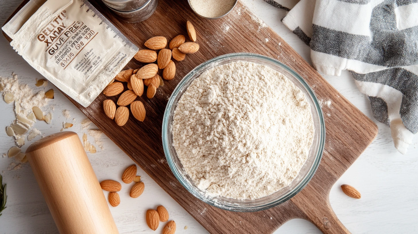 Glass bowl filled with almond flour on a wooden cutting board, surrounded by whole almonds, a packet of xanthan gum, and a rolling pin.