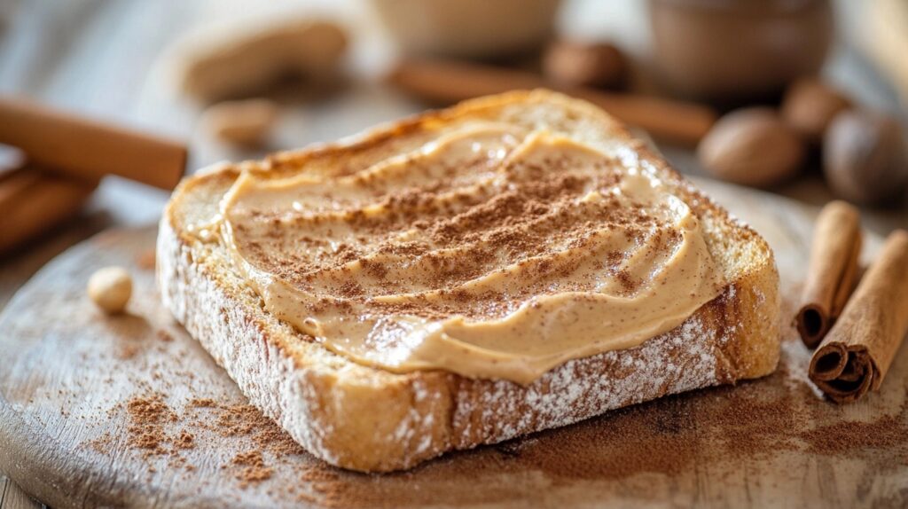 A slice of toasted bread spread with creamy peanut butter and sprinkled with cinnamon, placed on a rustic wooden surface with cinnamon sticks and scattered nuts in the background.