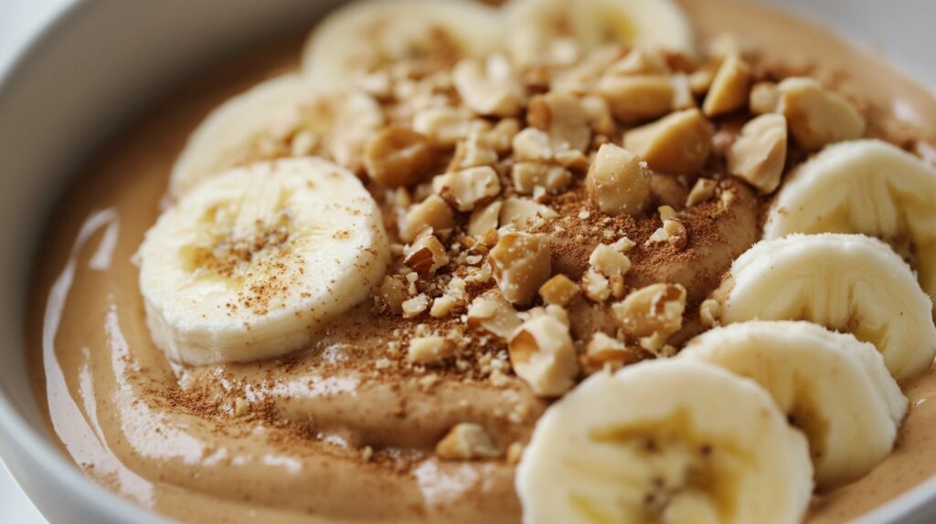 A creamy peanut butter smoothie bowl topped with sliced bananas, crushed nuts, and a sprinkle of cinnamon, presented in a white bowl.