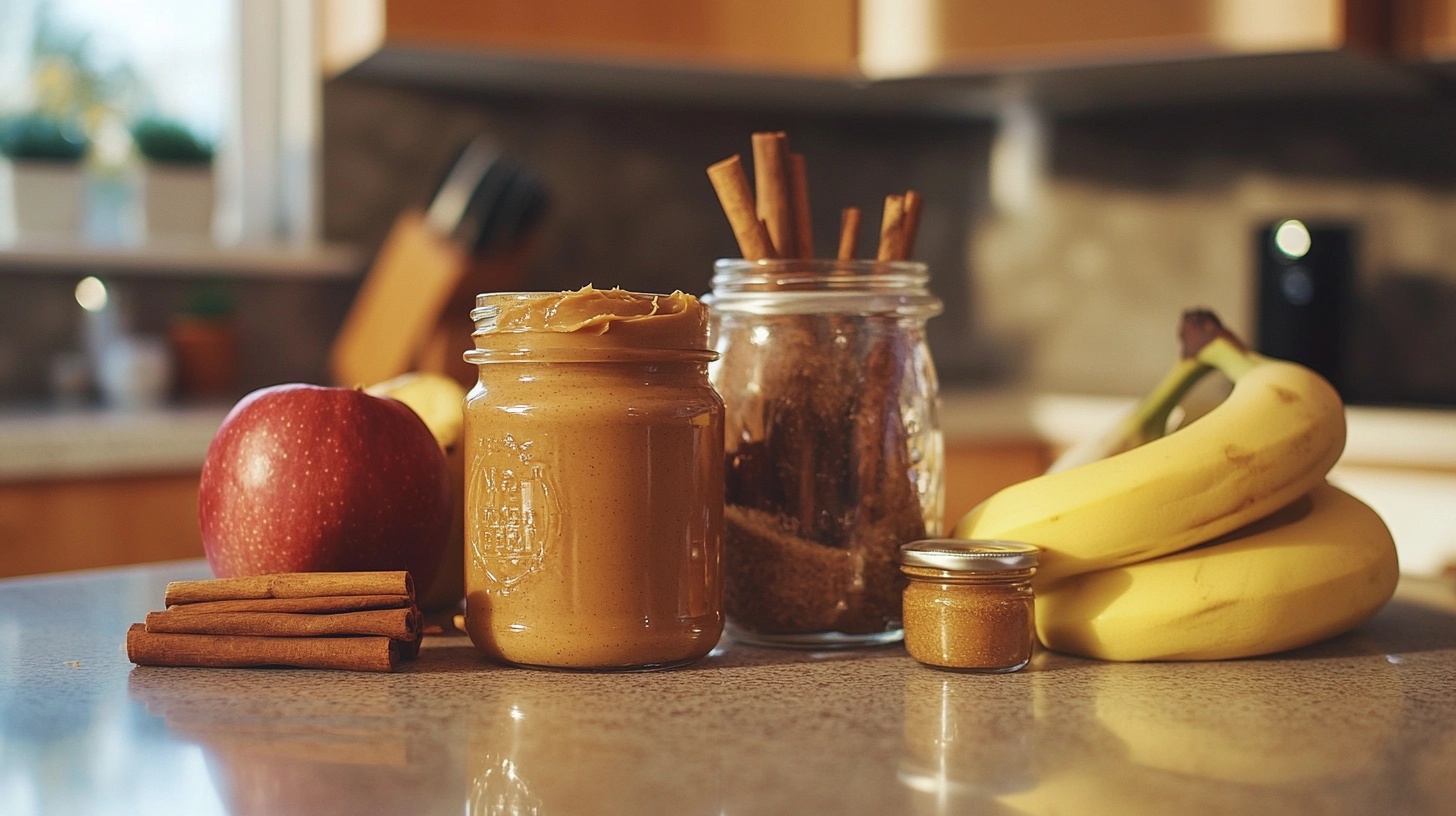 A kitchen counter featuring a jar of peanut butter, cinnamon sticks, bananas, an apple, and a small jar of ground cinnamon, with a cozy, sunlit background.