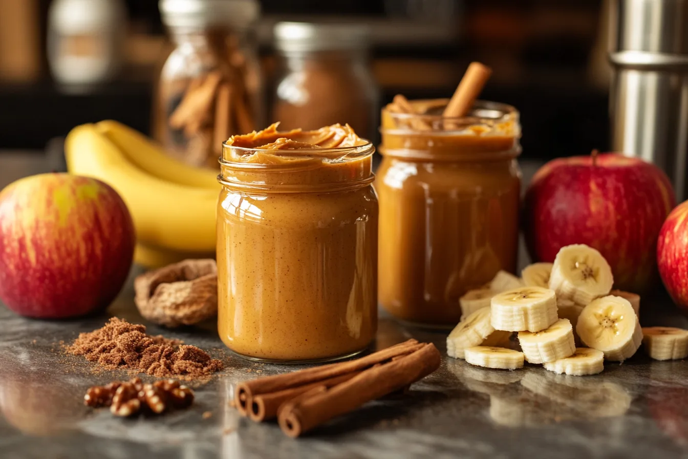 A kitchen counter featuring a jar of peanut butter, cinnamon sticks, bananas, an apple, and a small jar of ground cinnamon, with a cozy, sunlit background.