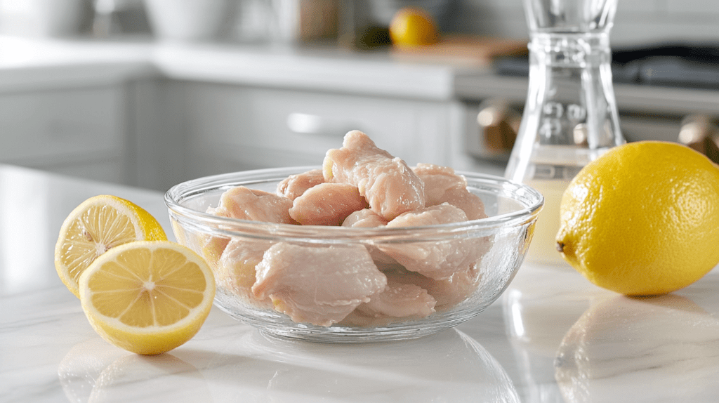 A glass bowl containing raw chicken pieces placed on a white kitchen countertop, accompanied by fresh lemons and a glass container of lemon juice in the background.