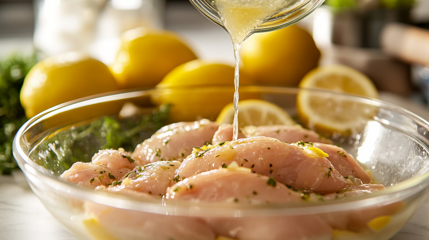 Close-up of raw chicken being marinated with freshly squeezed lemon juice in a glass bowl, surrounded by fresh lemons, parsley, and a bright kitchen setting.