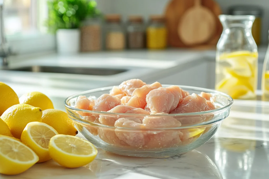 Glass bowl filled with raw chicken pieces on a white marble countertop, surrounded by fresh lemon halves and a carafe of lemon-infused water in a bright kitchen setting.