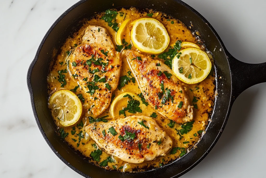 Lemon butter baked chicken breasts in a cast iron skillet garnished with fresh parsley and lemon slices, served in a rich golden sauce.