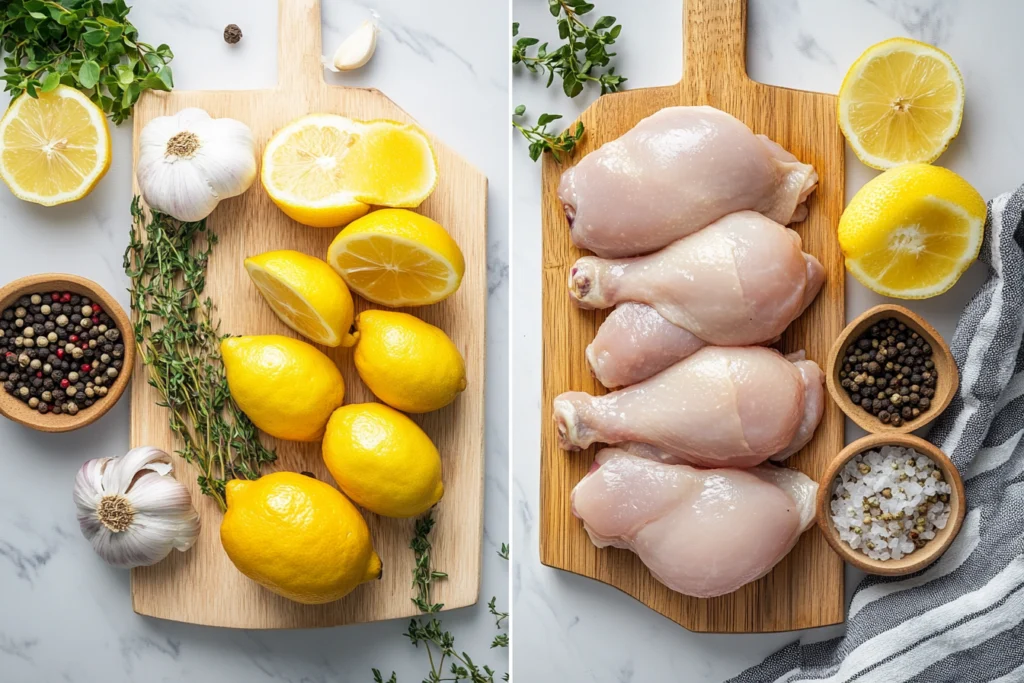 Side-by-side display of fresh ingredients on two wooden cutting boards: lemons, garlic, herbs, and spices on the left, raw chicken drumsticks with lemon halves, salt, and peppercorns on the right.