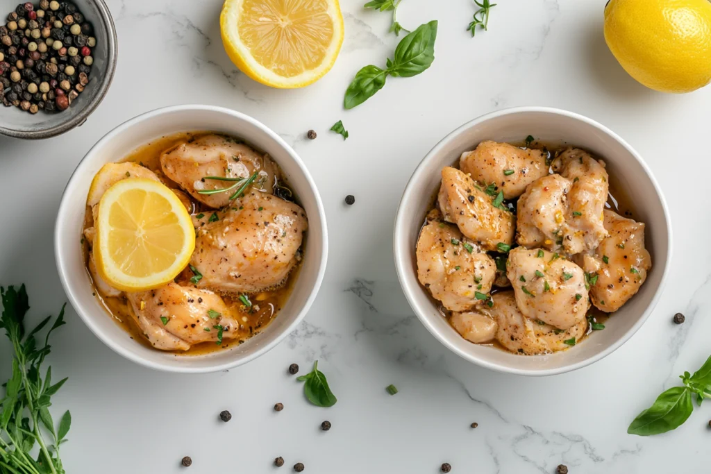 Two white bowls filled with marinated chicken pieces garnished with fresh herbs and lemon slices, placed on a marble countertop surrounded by fresh basil, parsley, peppercorns, and lemon halves.