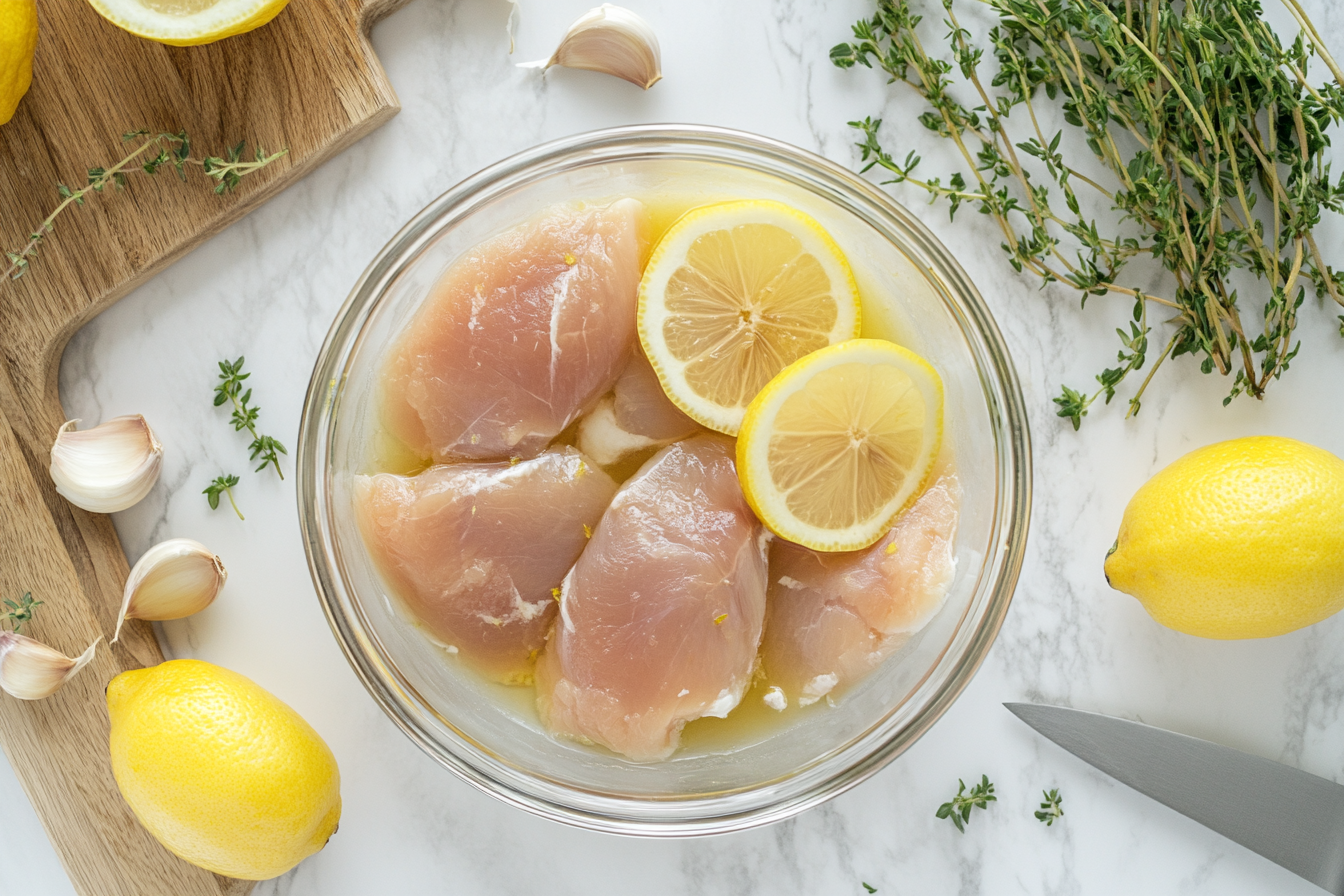 Glass bowl with raw chicken breasts soaking in lemon juice, garnished with lemon slices, placed on a marble countertop surrounded by fresh garlic, thyme, and whole lemons.