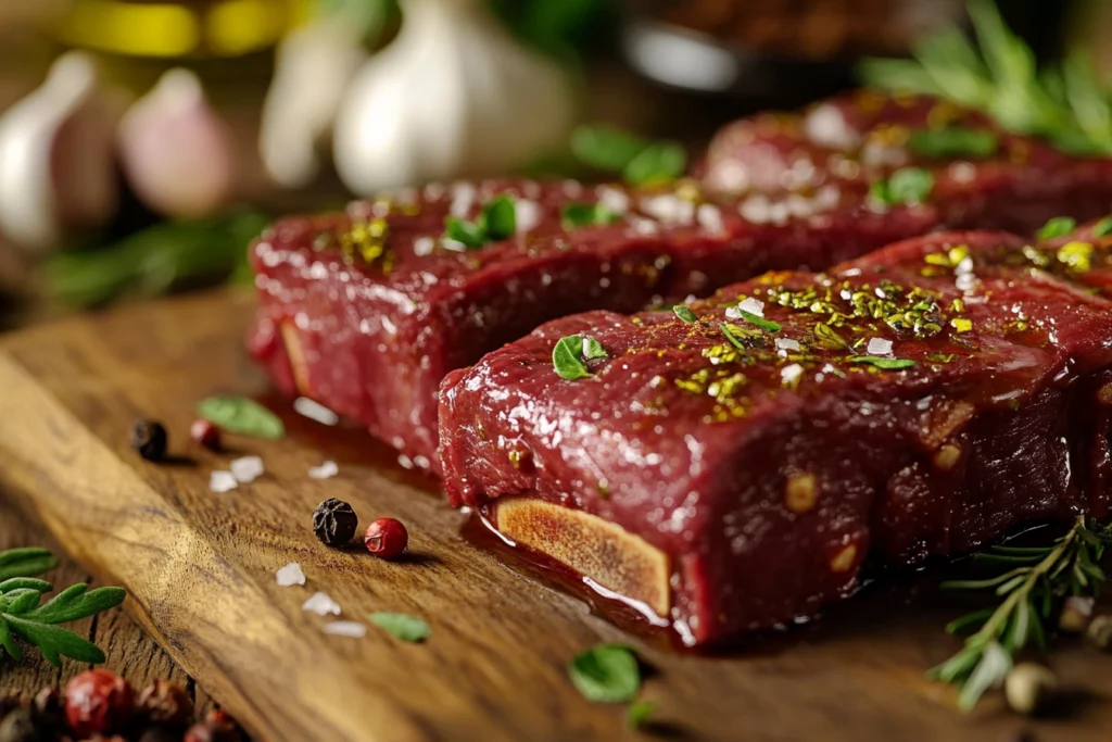 Raw short ribs seasoned with herbs, salt, and spices on a wooden cutting board, surrounded by fresh rosemary, garlic, and peppercorns.