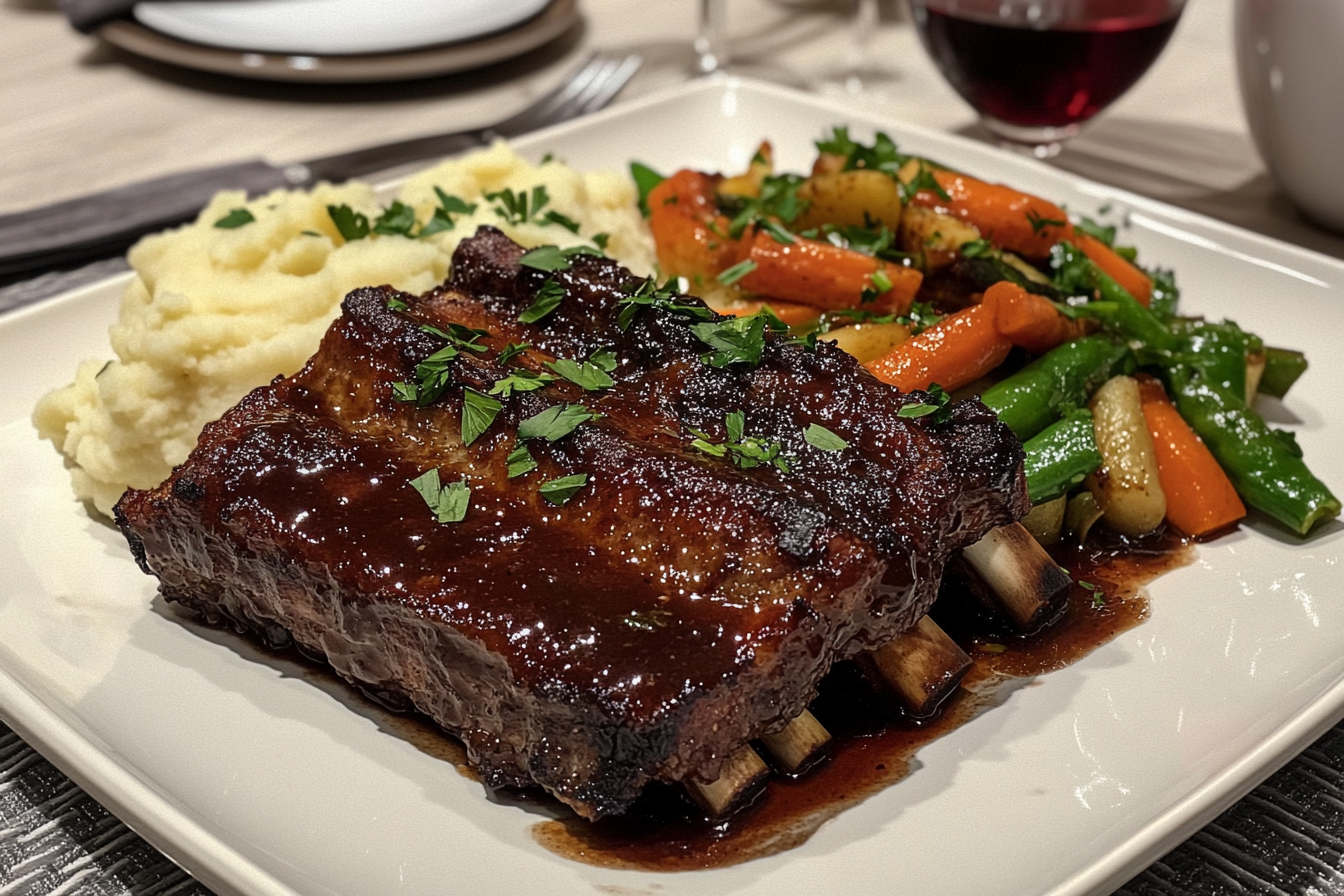 Plated short ribs glazed with sauce, served alongside creamy mashed potatoes and sautéed vegetables, garnished with fresh parsley.