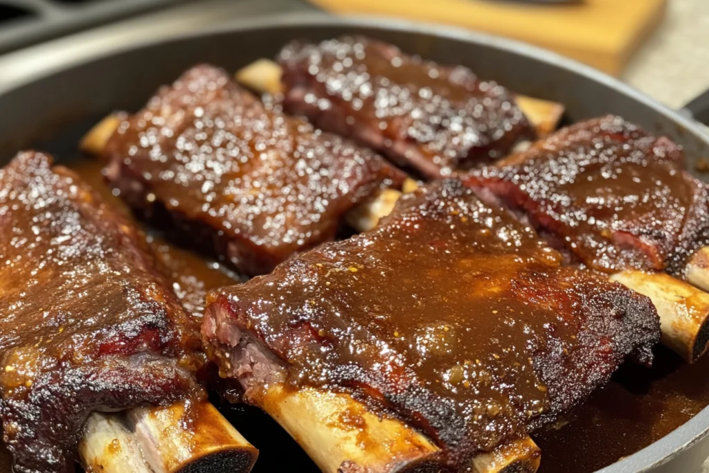 Cooked short ribs glazed with a rich, glossy barbecue sauce in a skillet, showing tender, juicy meat on the bone.