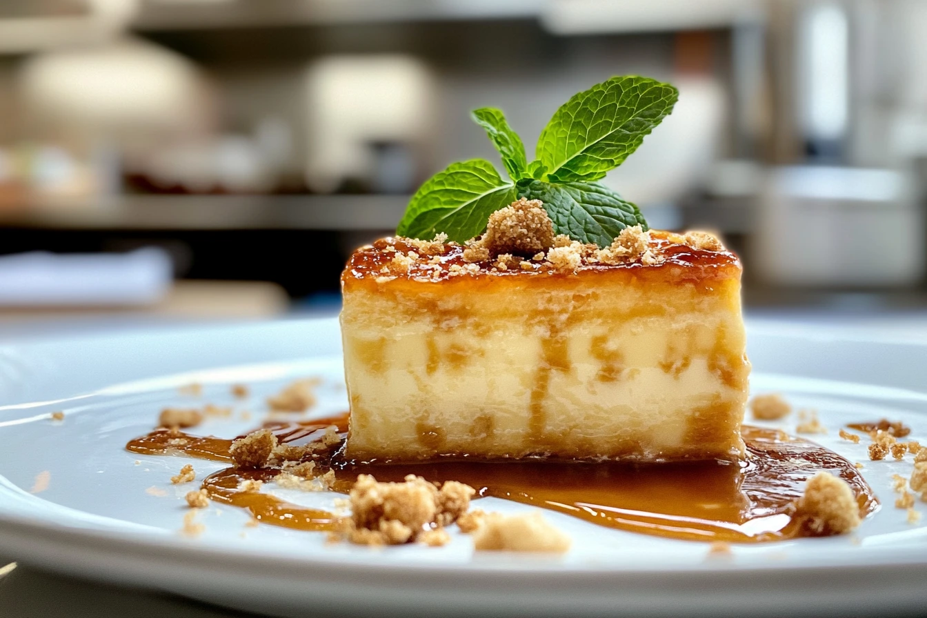 A plated slice of crème brûlée garnished with a fresh mint sprig, caramel sauce drizzle, and crumbled topping on a white plate.