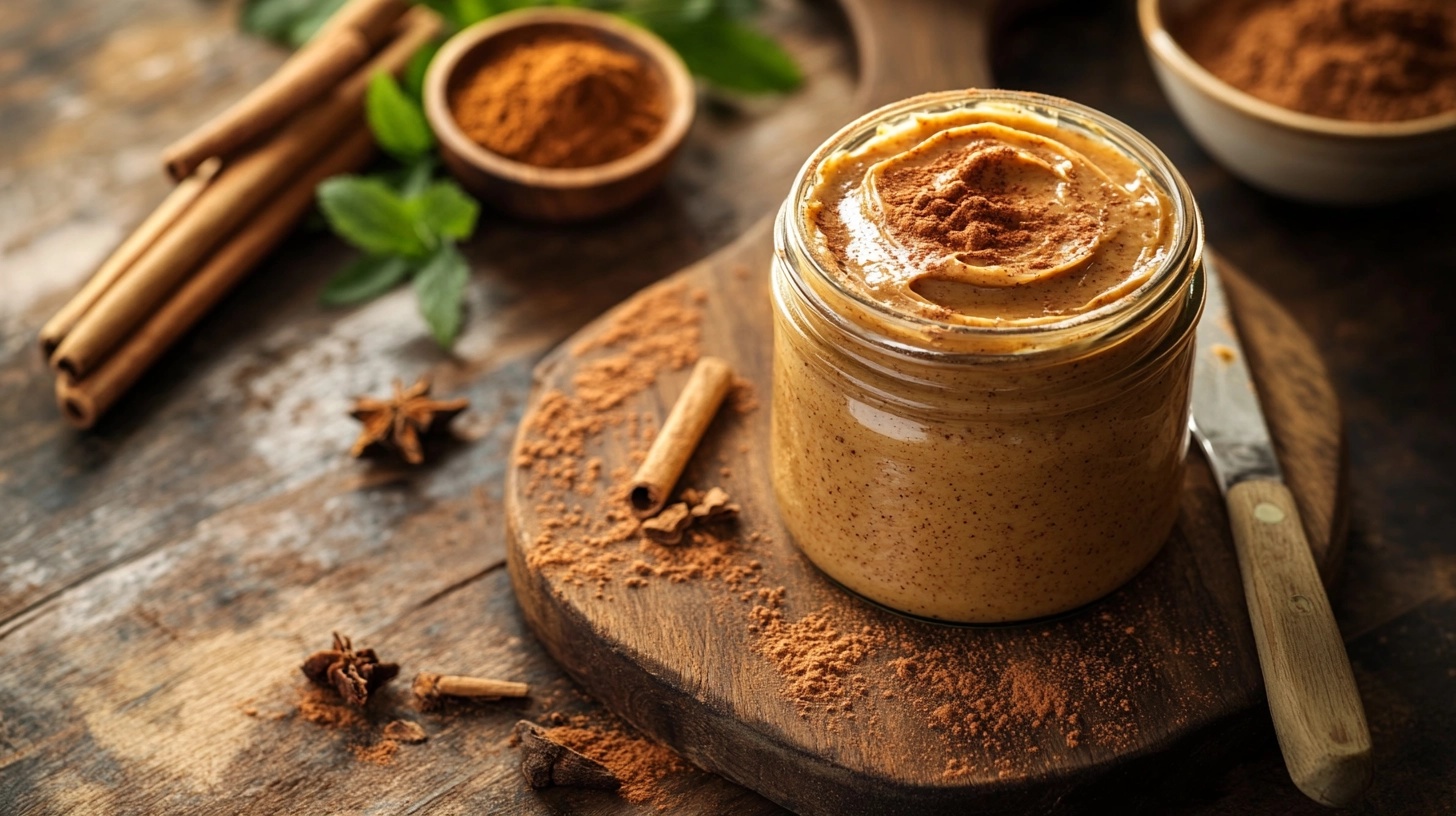 A jar of homemade cinnamon peanut butter on a rustic wooden board, surrounded by cinnamon sticks, star anise, and a dusting of cinnamon powder.